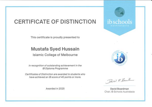 Outstanding IB Achievement: Mustafa Recognised with Certificate of Distinction Banner Photo